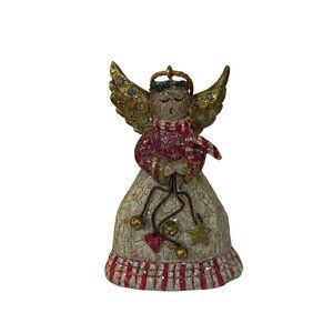 Vtg Hand Crafted Art Pottery Angel Christmas Ornament Victorian Singing Bells